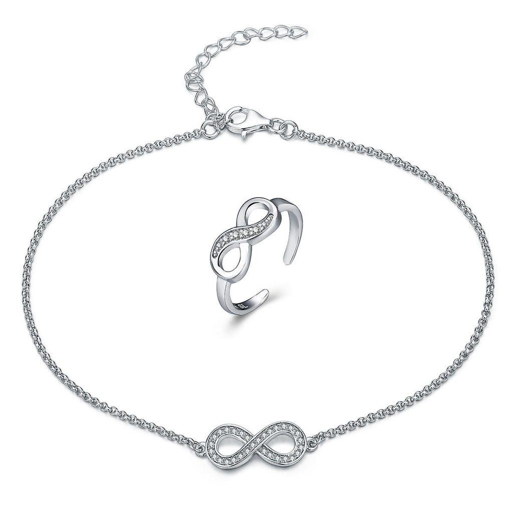 925 Sterling Silver Pave Infinity Anklet With Toe Ring Set