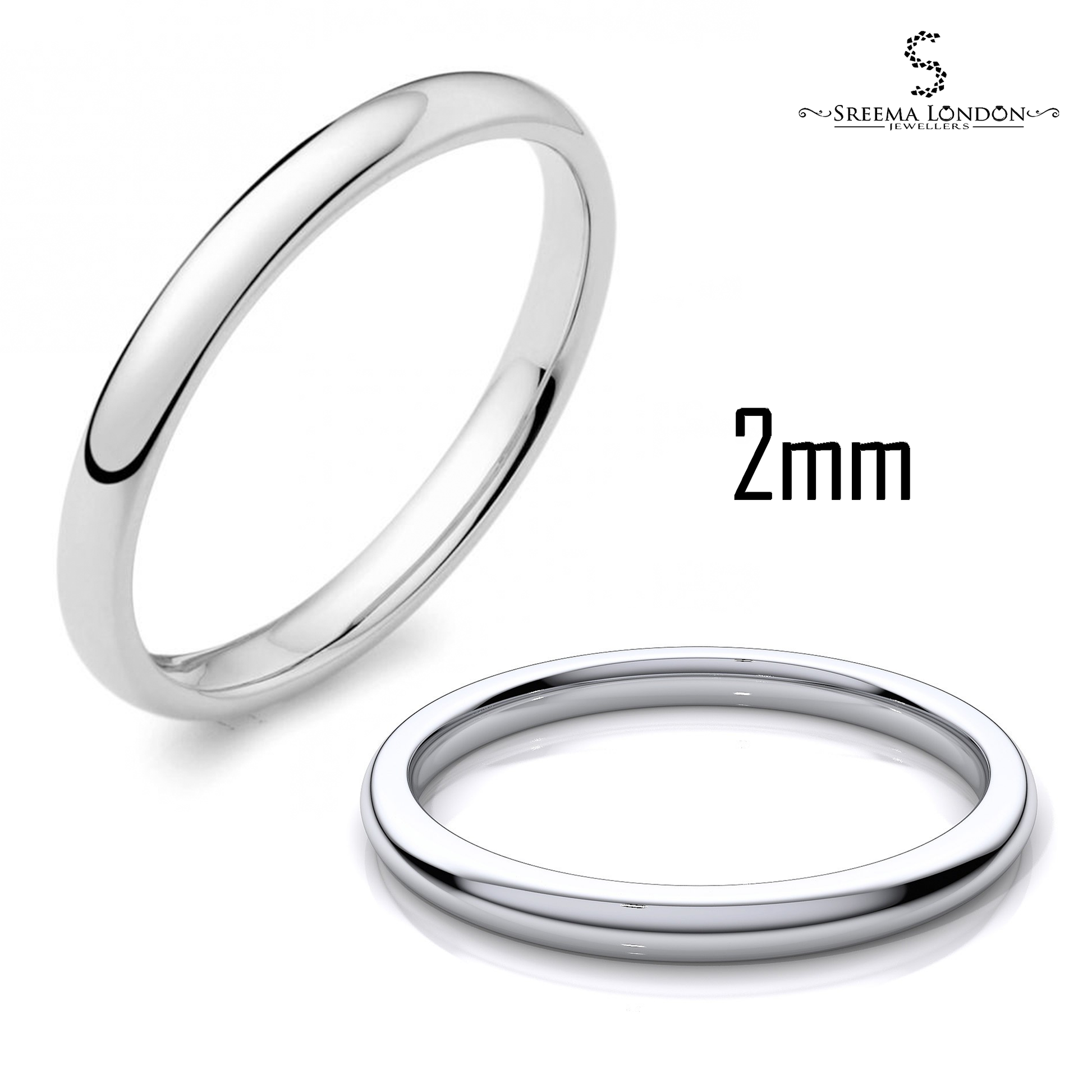 925 Sterling Silver 2 mm Width D-shape Solid Plain Wedding Band