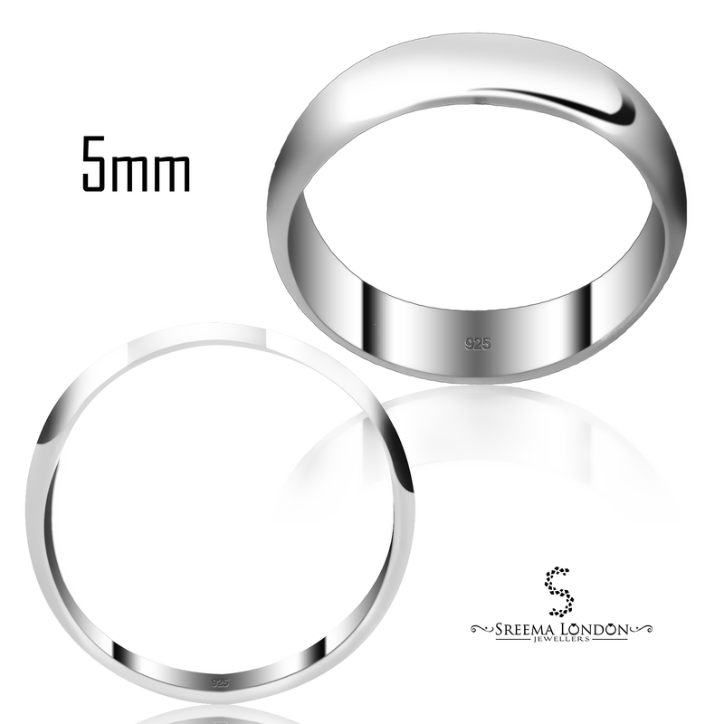 925 Sterling Silver 5mm Width D-shape Solid Plain Wedding Band