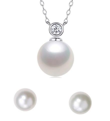 925 Sterling Silver Bezel Pearl Necklace With Stone &amp; Earring Set