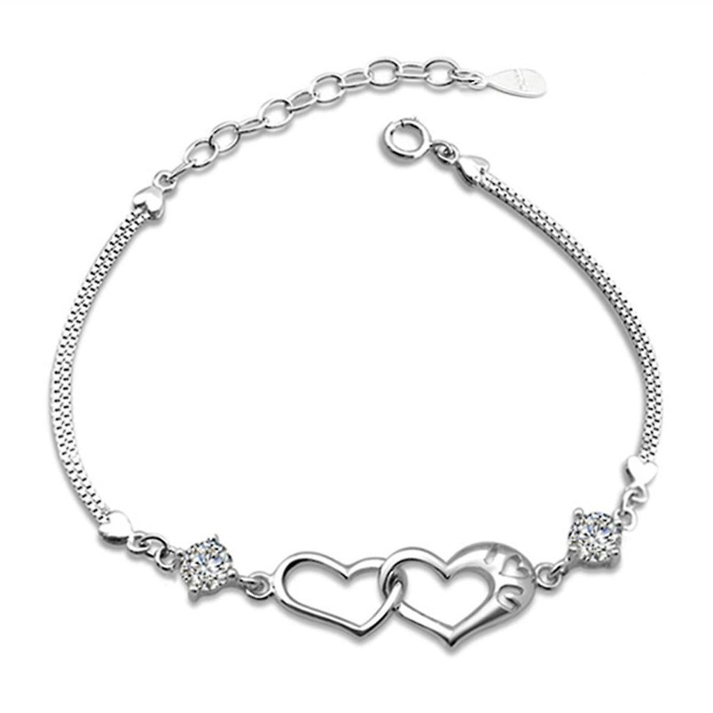 925 Sterling Silver Solid Double Heart Bracelet With Stones