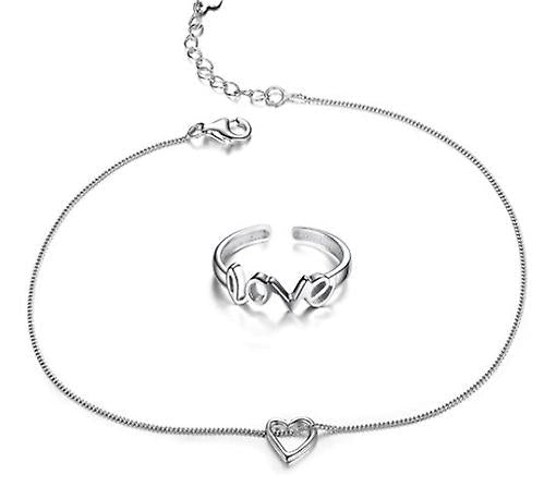 Anklet With Heart Charm 925 Sterling Silver &amp; Love Letter Toe Ring