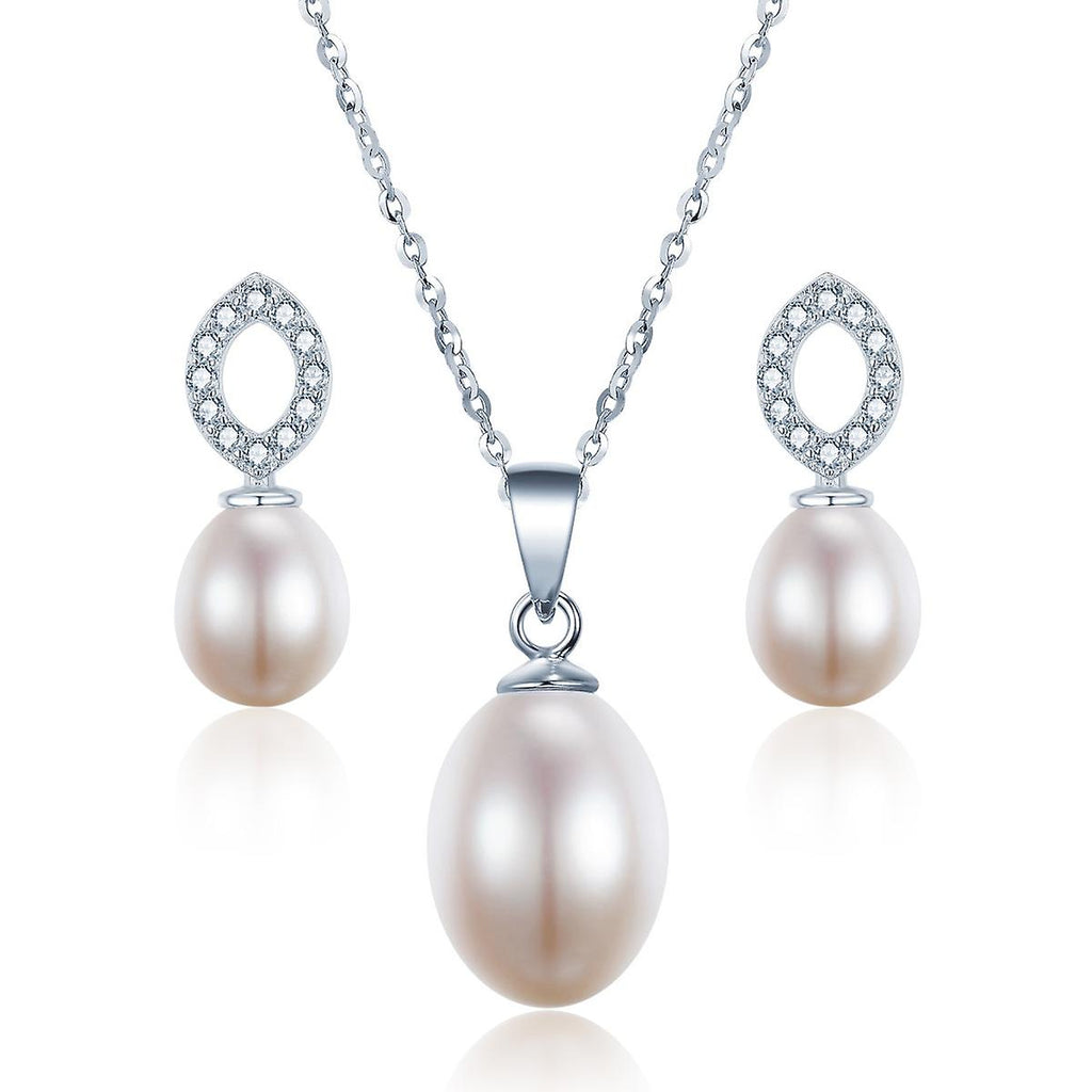 925 Sterling Silver Eye Shape Pearl Necklace &amp; Earrings Set