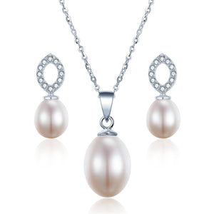 925 Sterling Silver Eye Shape Pearl Necklace &amp; Earrings Set