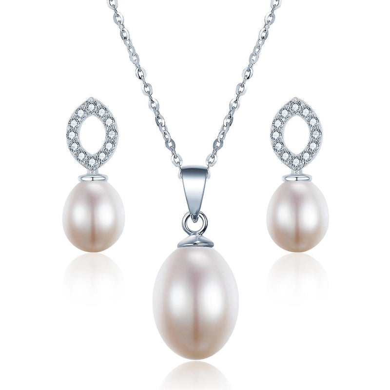 925 Sterling Silver Eye Shape Pearl Necklace &amp; Earrings Set