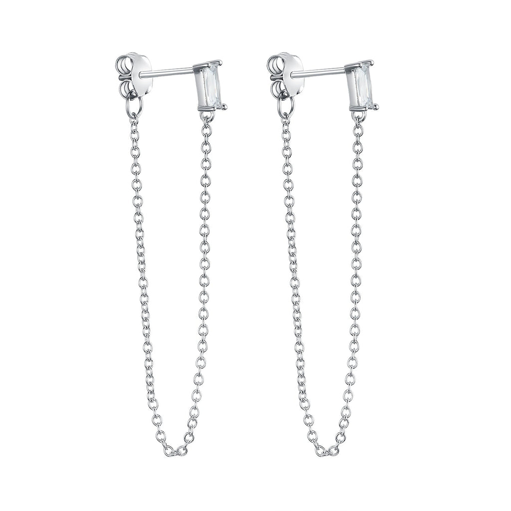925 Sterling Silver Baguette Loop Stud Earrings
