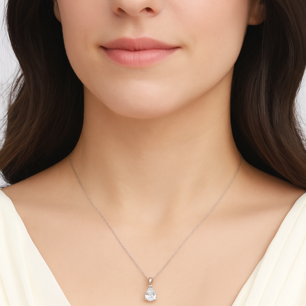 925 Sterling Silver Pear Shape Pendant Necklace – Teardrop CZ Diamond Solitaire – Elegant Gift for Women