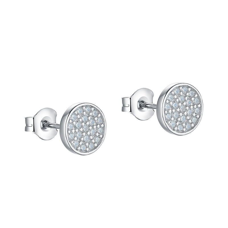 Simple 925 Sterling Silver Pave Disc Circle Geometric Stud Earrings