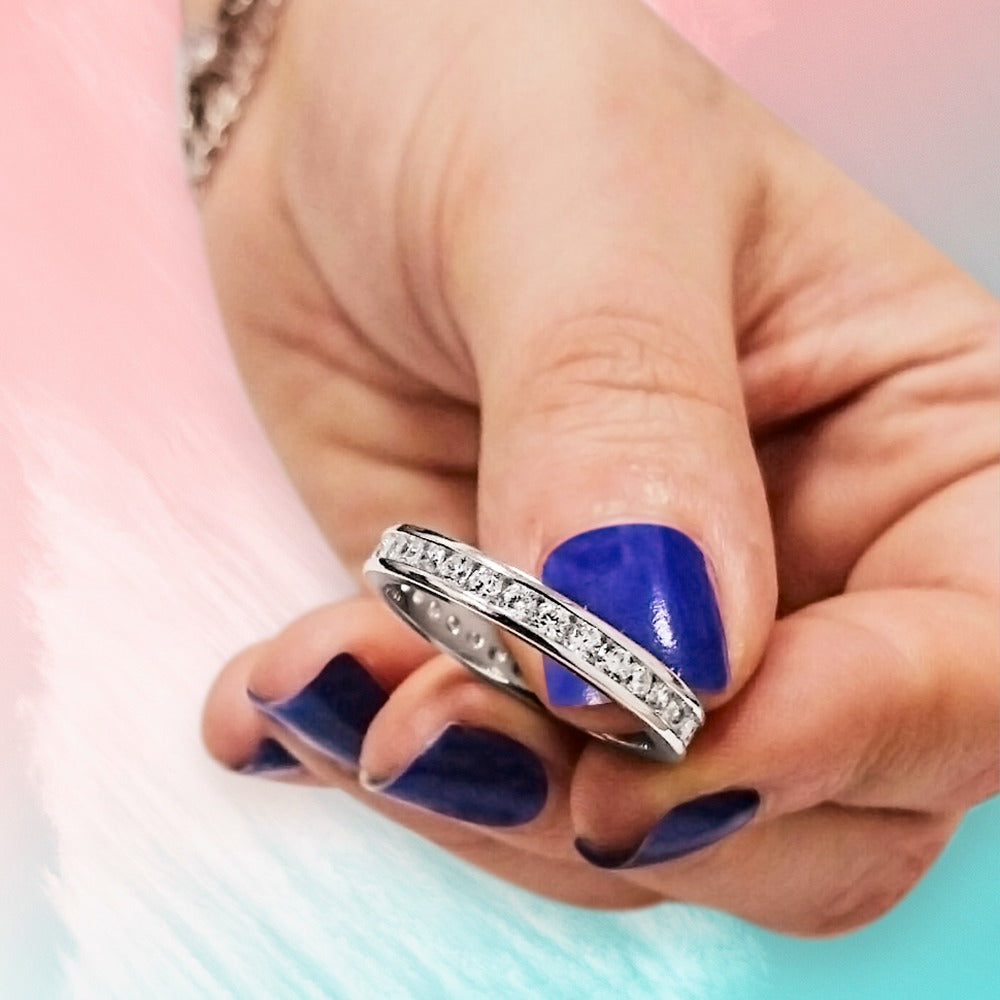 925 Sterling Silver Simulated Diamond Set Half Eternity Band Ring size J-U