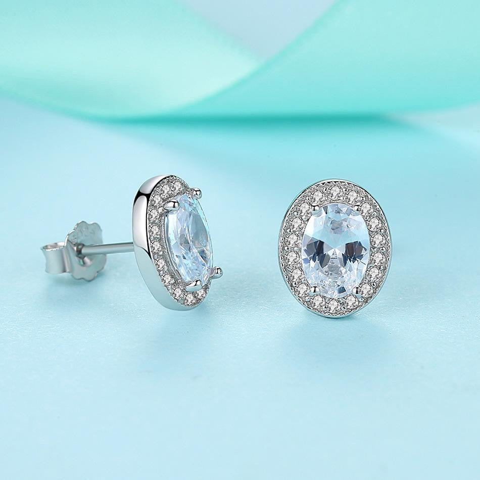 925 Sterling Silver Oval Shape Halo Stud Earrings
