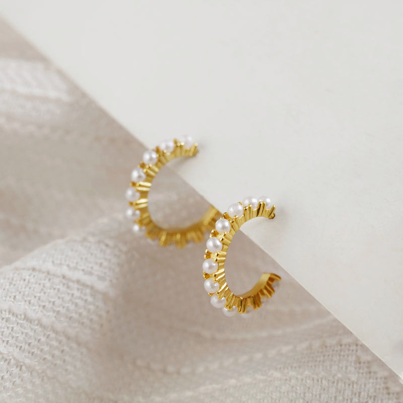 925 Sterling Silver Hoop Mini Pearls Gold Stud Earrings Womens Girls Gifts
