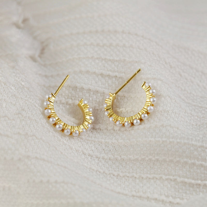 925 Sterling Silver Hoop Mini Pearls Gold Stud Earrings Womens Girls Gifts