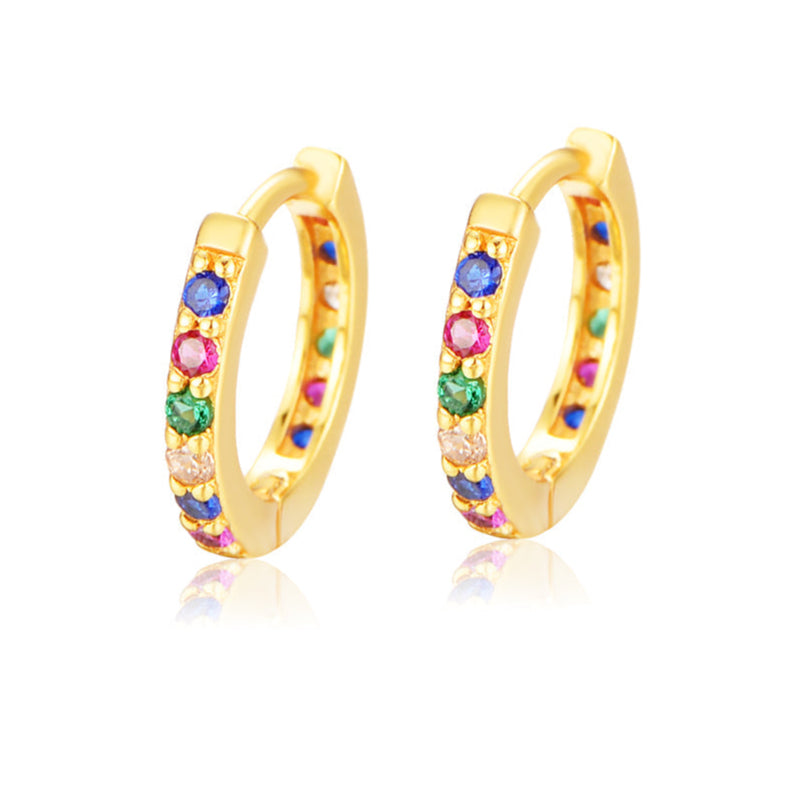 Small Sterling Silver Rainbow Huggie Hoop Earrings, CZ Pave Rainbow Colour Hoops