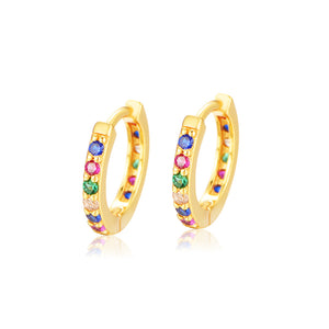 Small Sterling Silver Rainbow Huggie Hoop Earrings, CZ Pave Rainbow Colour Hoops