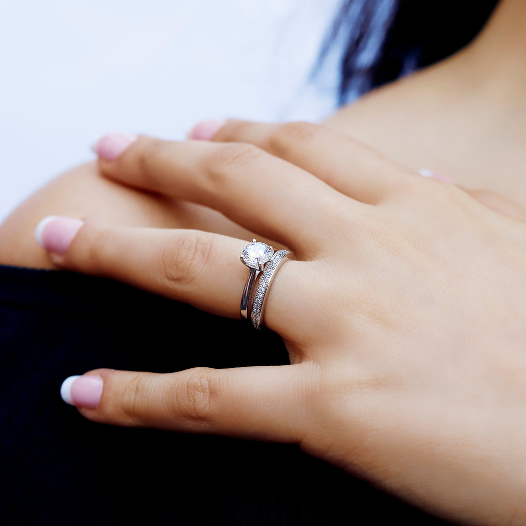 Sterling Silver Engagement Ring and Wedding Ring Set