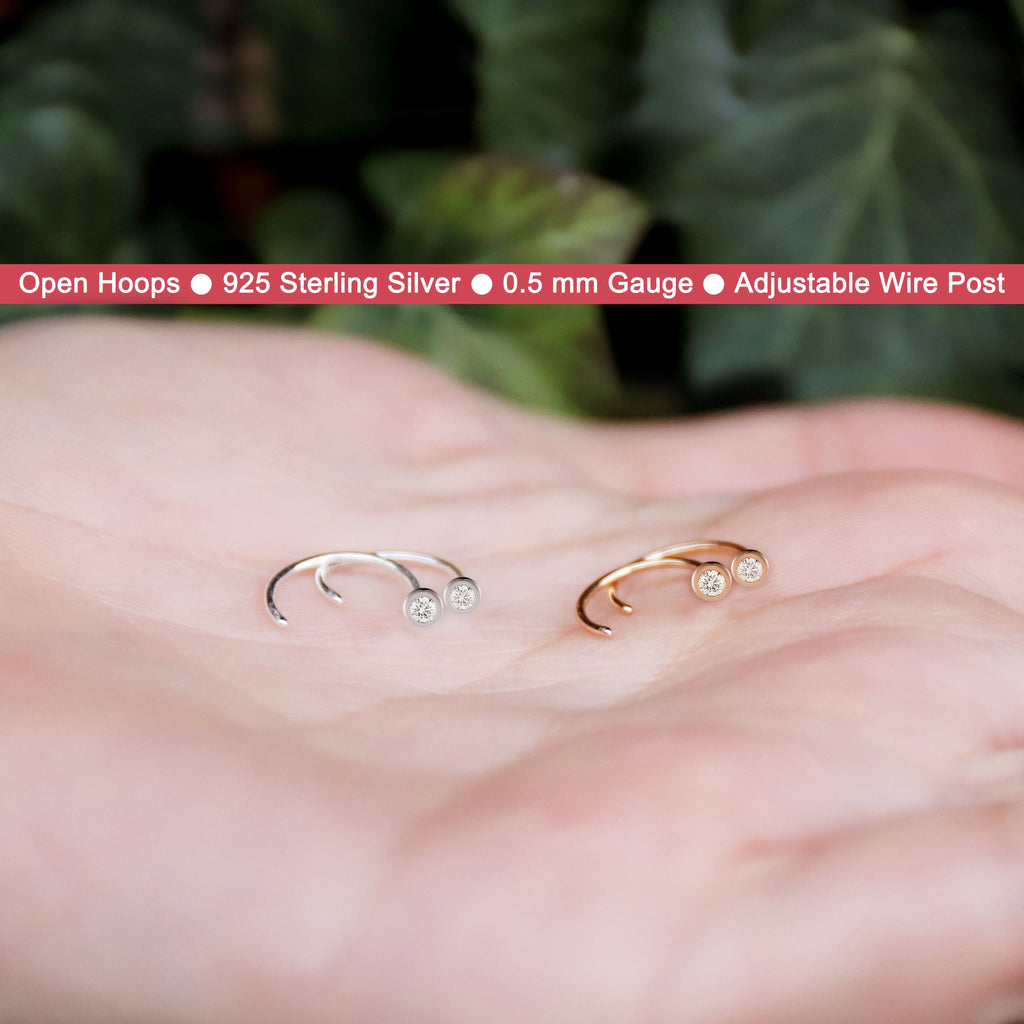 Sterling Silver Bezel CZ Open Pull Through Hoop Earrings