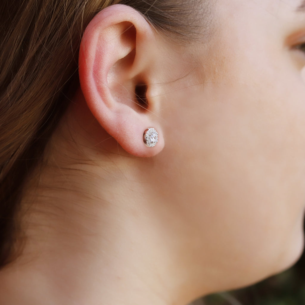 925 Sterling Silver Oval Shape Halo Stud Earrings