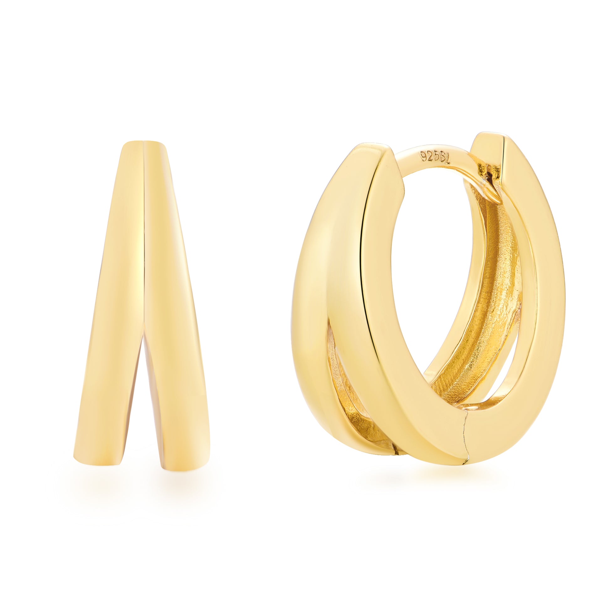 a pair of gold hoop earrings on a white background
