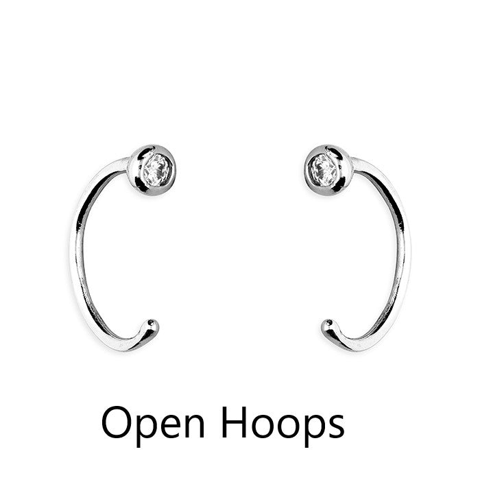 Sterling Silver Bezel CZ Open Pull Through Hoop Earrings
