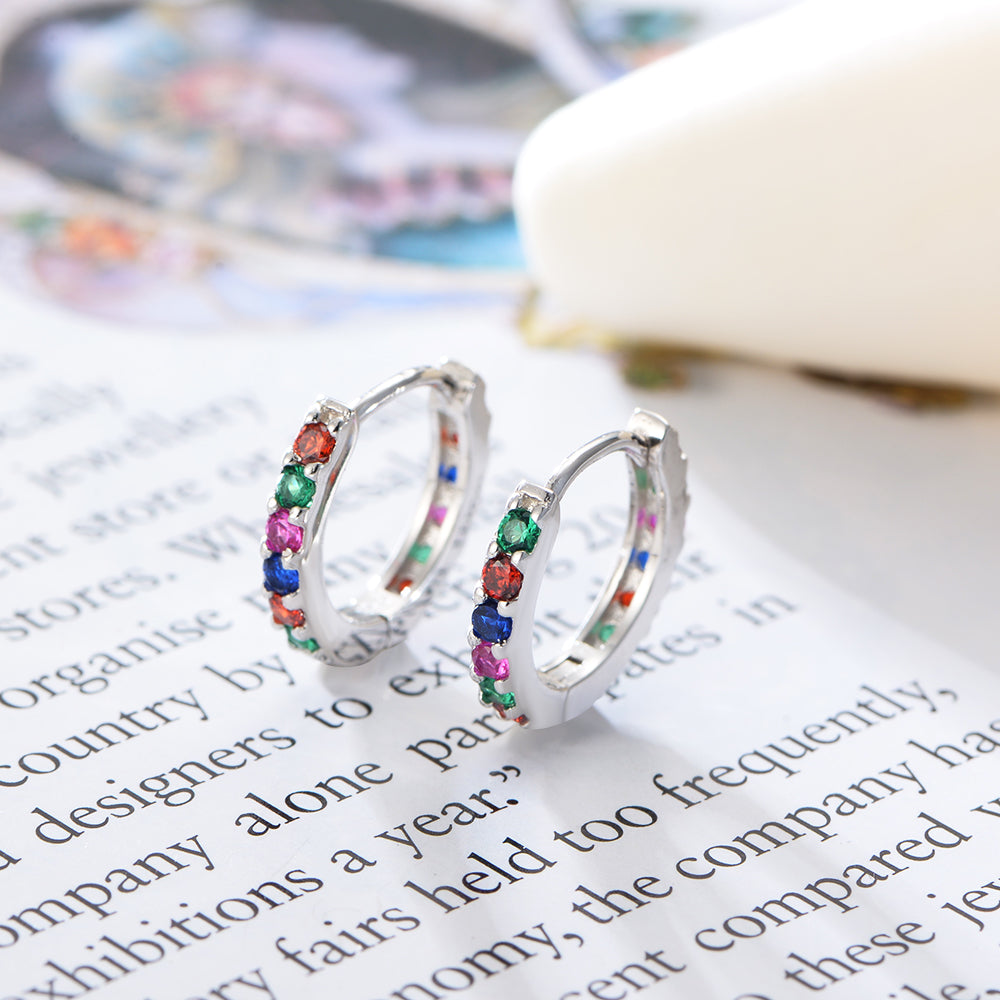 Small Sterling Silver Rainbow Huggie Hoop Earrings, CZ Pave Rainbow Colour Hoops
