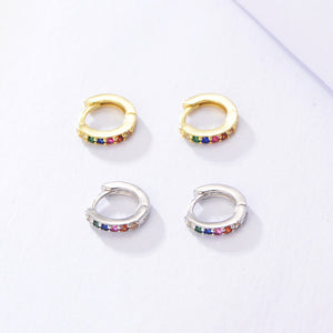 Small Sterling Silver Rainbow Huggie Hoop Earrings, CZ Pave Rainbow Colour Hoops