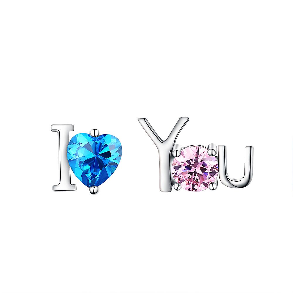925 Sterling Silver I Love You Studs Pink &amp; Blue Stone Earrings