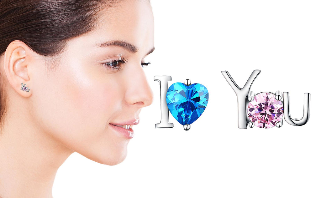 925 Sterling Silver I Love You Studs Pink &amp; Blue Stone Earrings