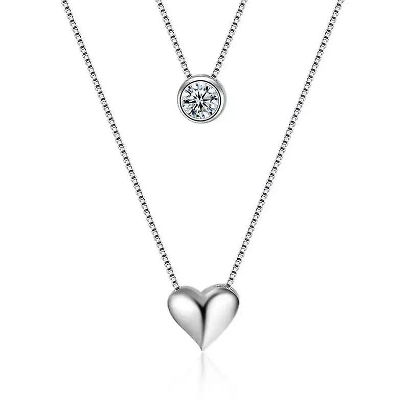 925 Sterling Silver Layer Bezel Round With Heart Pendant Necklace