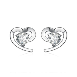 925 Sterling Silver Simple Heart With Stone Stud Earrings
