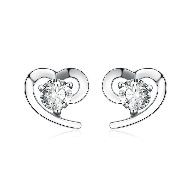 925 Sterling Silver Simple Heart With Stone Stud Earrings