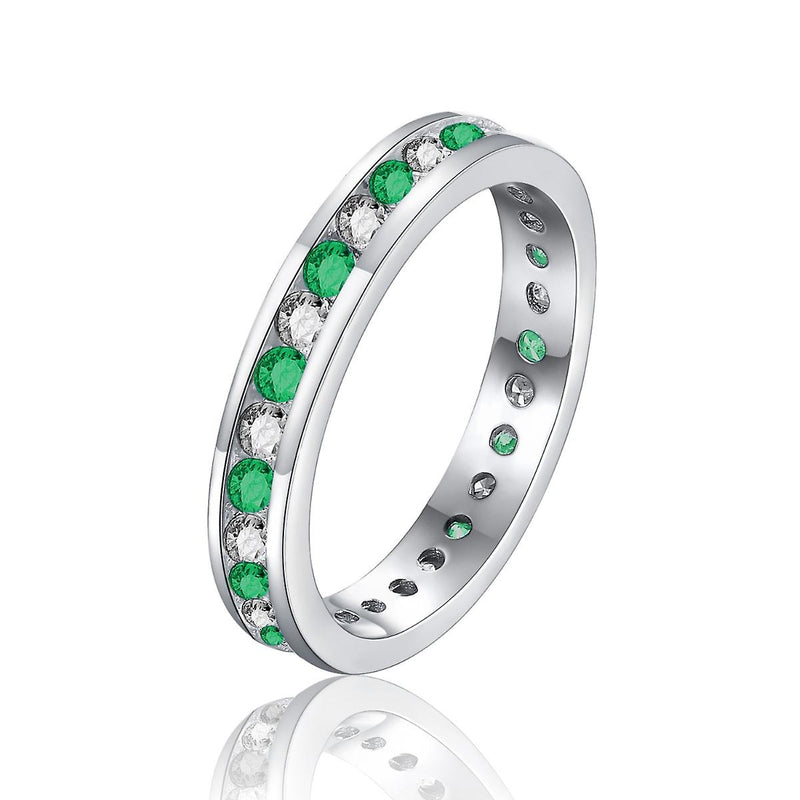 925 Sterling Silver Emerald Green And White Round Cut Full Eternity Ring