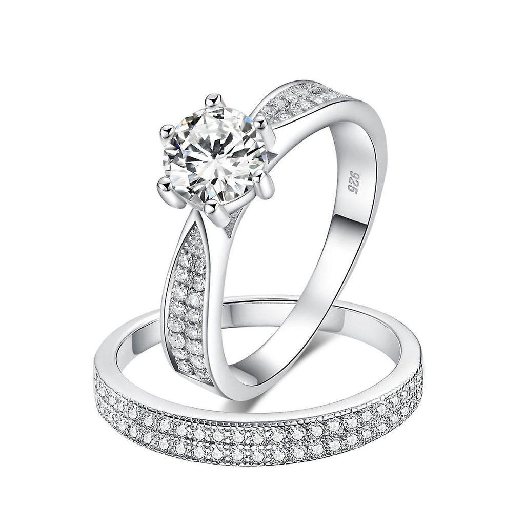 925 Sterling Silver Brilliant Pave Engagement Wedding Ring Set