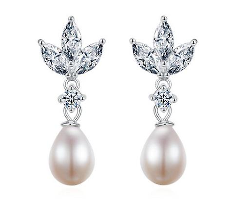 925 Sterling Silver Pearl Drop Marquise Details Earrings
