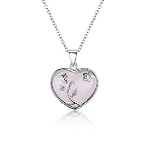 925 Sterling Silver Pink Opal Heart Pendant Necklace With Silver Roses Details