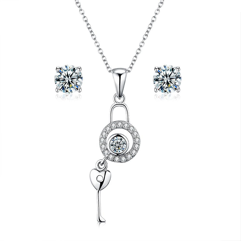 925 Sterling Silver Unlock Your Heart Pendant Necklace &amp; Stud Earring Set