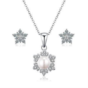 925 Sterling Silver Snowflake Pearl Necklace &amp; Stud Earring Set