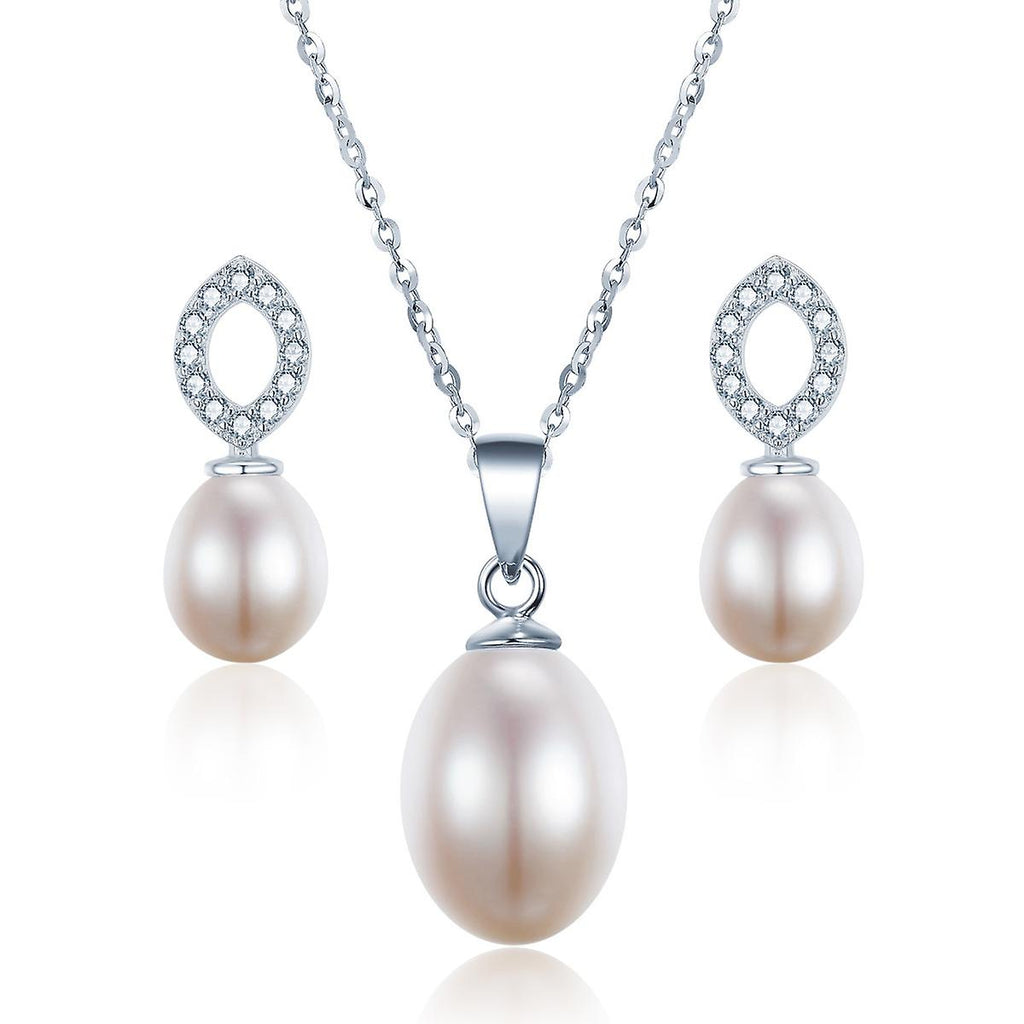 925 Sterling Silver Eye Shape Pearl Necklace &amp; Earrings Set