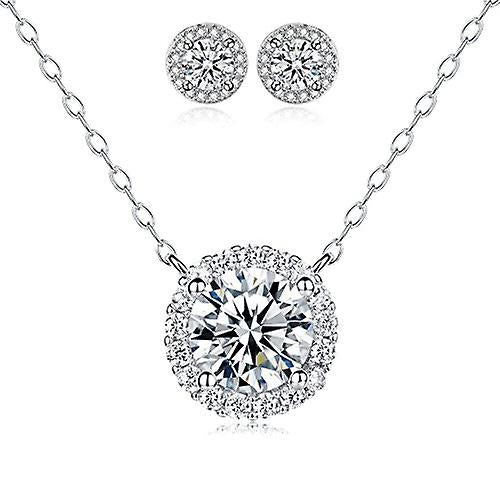 925 Sterling Silver Round Halo Necklace With Matching 7mm Stud Earrings
