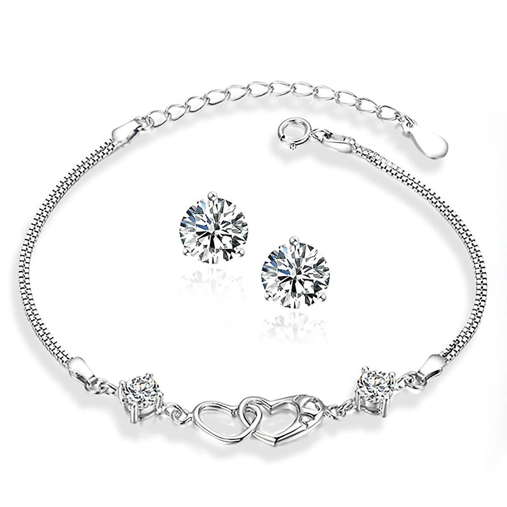 925 Sterling Silver Solid Double Heart Bracelet With Stones With Free Studs