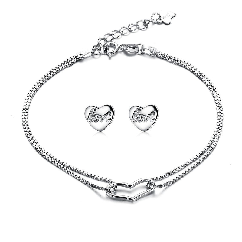 925 Sterling Silver Continuous Open Heart Bracelet And Studs Set